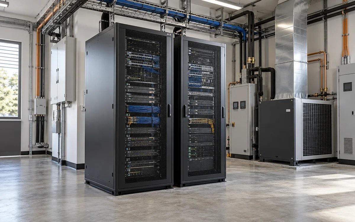 Concept visual of two edge-computing racks with cooling and power equipment